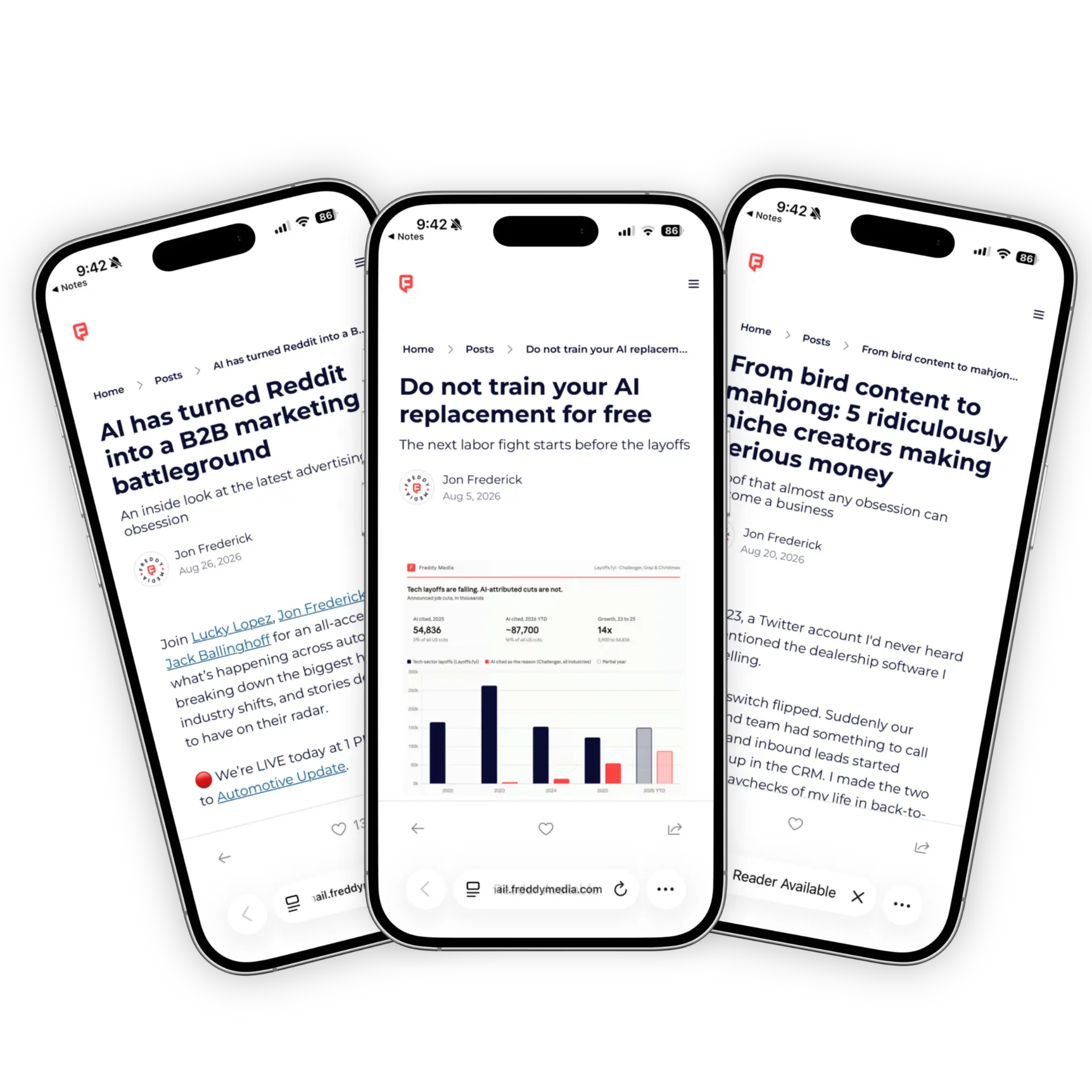 Freddy newsletter previews on three phones